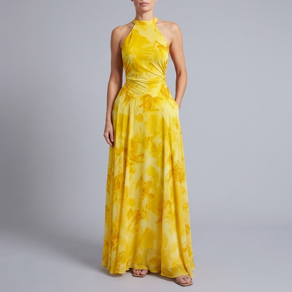 Women's Maxi Dress | High Neck Sleeveless Halter yellow front view