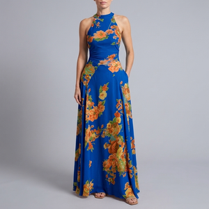 Women's Maxi Dress | High Neck Sleeveless Halter blue front view