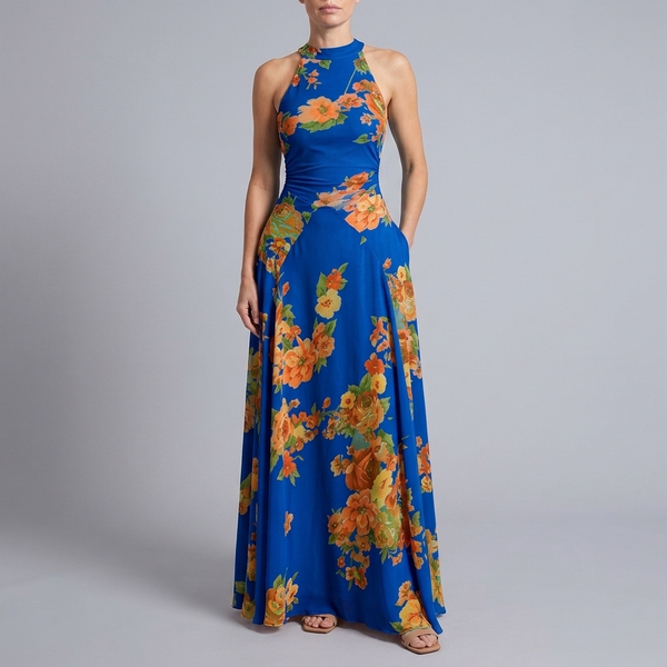 Women's Maxi Dress | High Neck Sleeveless Halter blue front view