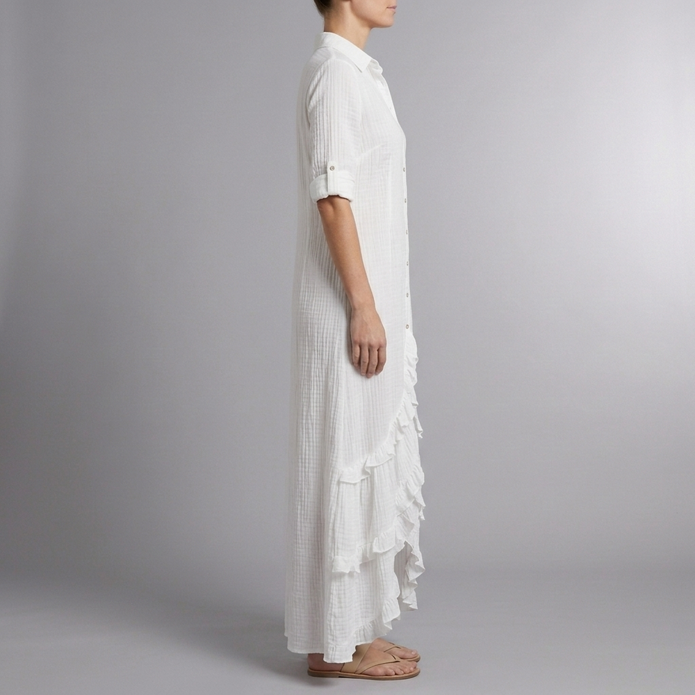 Women's White Maxi Shirt Dress | Ruffle Hem Long Sleeve White front view