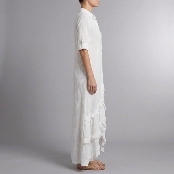 Women's White Maxi Shirt Dress | Ruffle Hem Long Sleeve White side view
