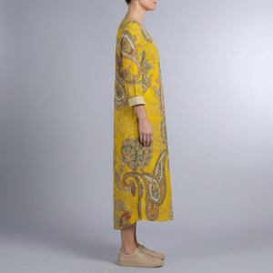 Women's Yellow Paisley Print Dress | Maxi V-Neck Long Sleeve Yellow side view