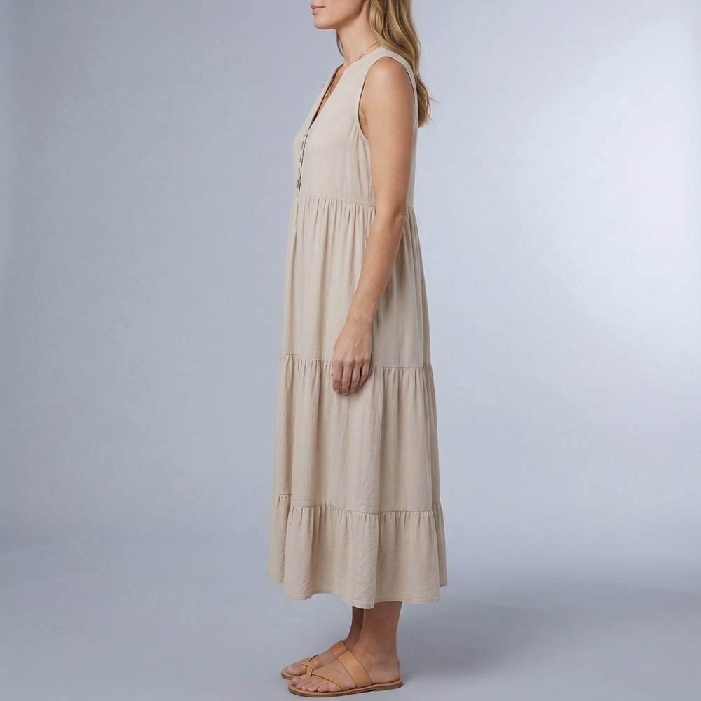 Women's Sundress | Maxi Tiered Button Front Sleeveless Apricot front view