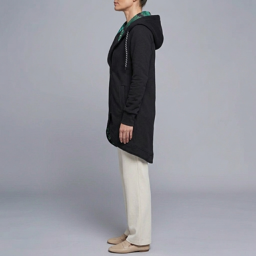 Women's Jacket | Hooded Longline Zip-Up Black front view