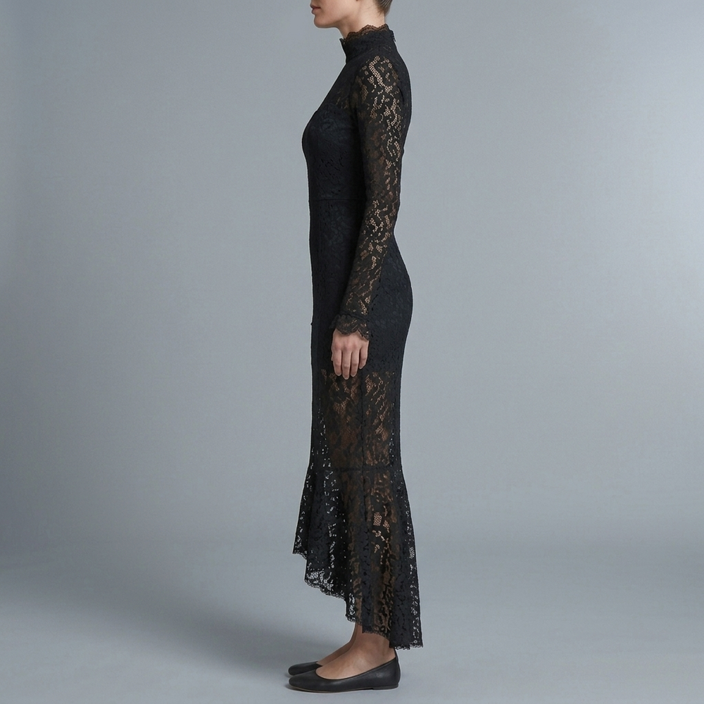 Women's Black Tie Dress | Maxi High Neck Long Sleeve Lace Mermaid Black front view