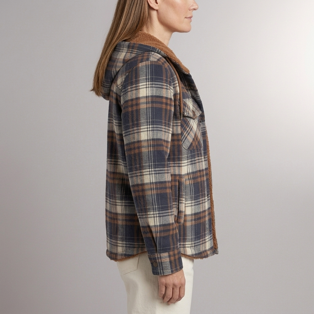 Women's Jacket | Plaid Hooded Fleece Lined Button-Front Blue front view