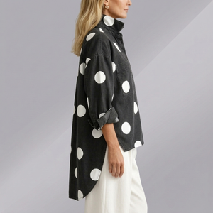 Women's Shirt | Linen Polka Dot Button Front Black side view