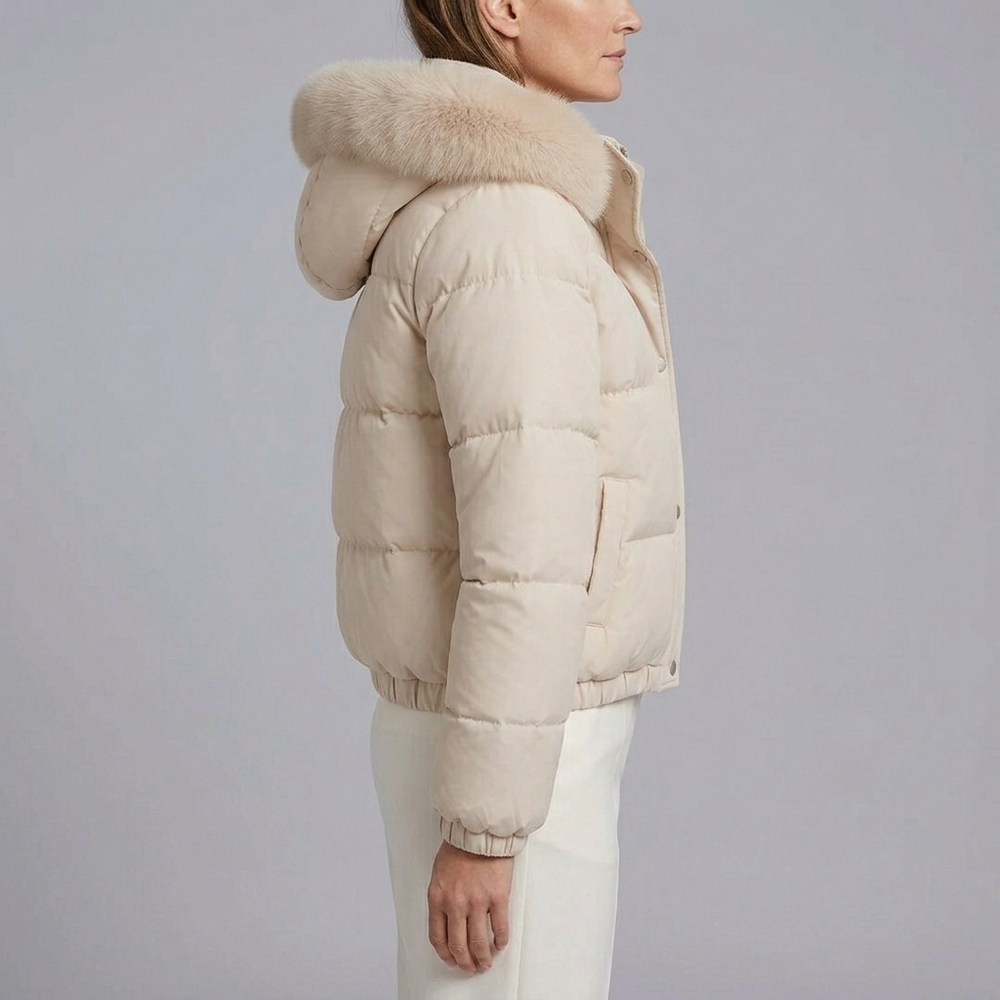 Women's Puffer Jacket | Fur Trim Hood Cropped Quilted Beige front view