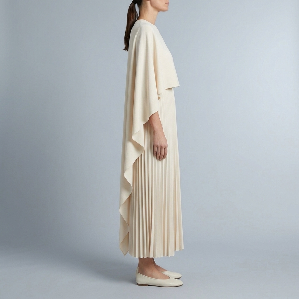 Women's Graduation Dress | Maxi Cape Overlay Pleated Beige front view