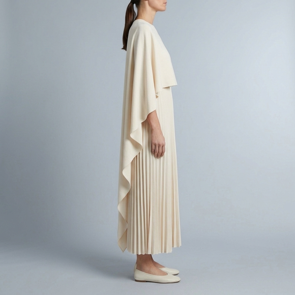Women's Graduation Dress | Maxi Cape Overlay Pleated Beige side view