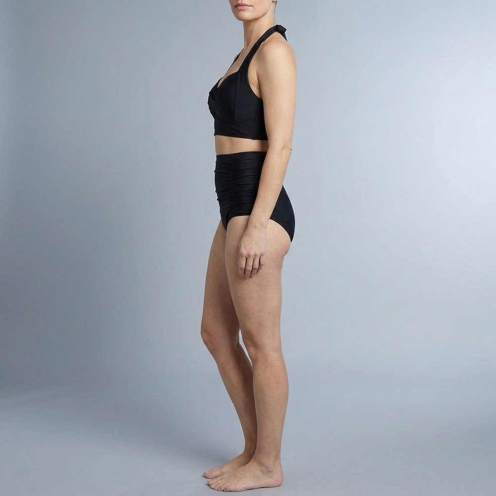 Women's Swimsuit | Black Halter Top High Waist Ruched front view