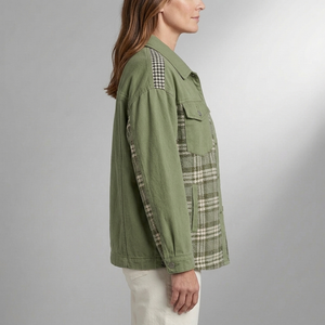 Women's Denim Jacket | Plaid Panel Long Sleeve Green side view