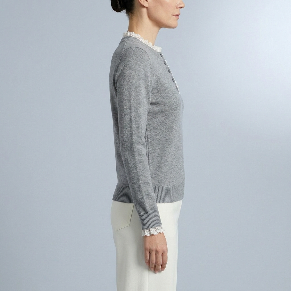Women's Long Sleeve Top | Grey Lace Trim Button Front Grey front view
