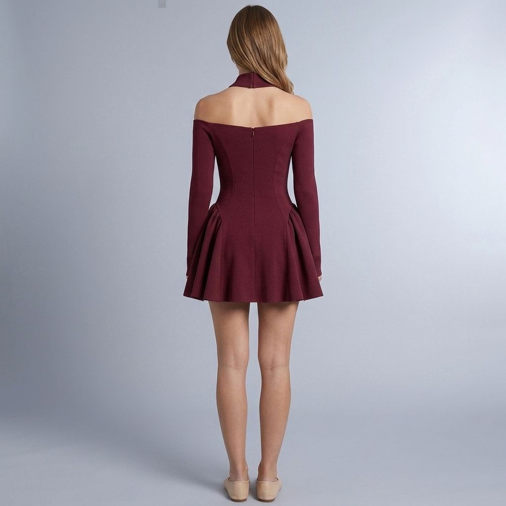 Women's Red Dress | Mini Off-the-Shoulder Long Sleeve red front view