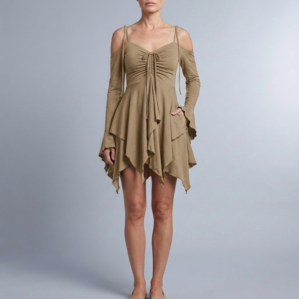 Women's Mini Dress | Off-the-Shoulder Layered Khaki front view