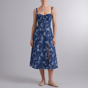 Women's Summer Dress | Midi Floral Corset Waist Navy Blue front view