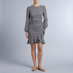 Women's Cocktail Dress | Mini Ruffle Hem Balloon Sleeve Grey front view