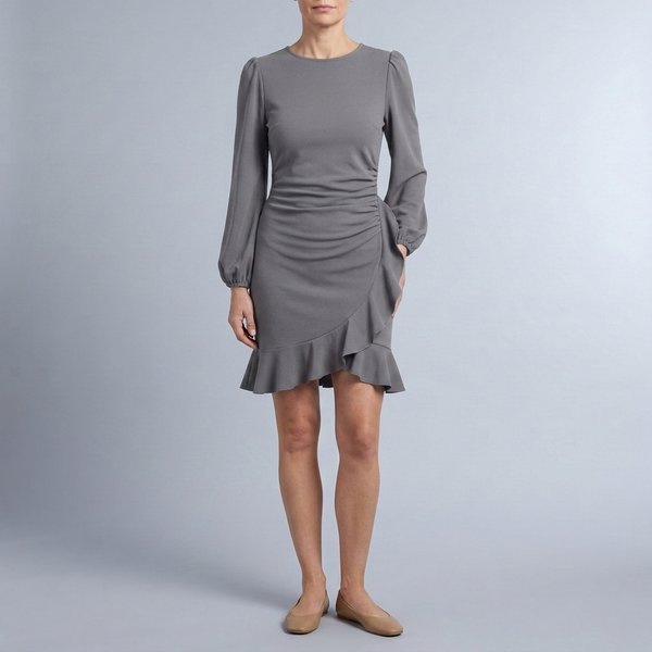 Women's Cocktail Dress | Mini Ruffle Hem Balloon Sleeve Grey front view