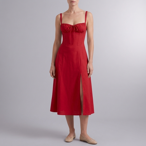 Women's Summer Dress | Midi Floral Corset Waist Red front view