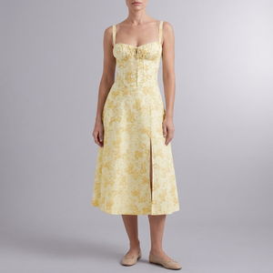 Women's Summer Dress | Midi Floral Corset Waist Yellow front view