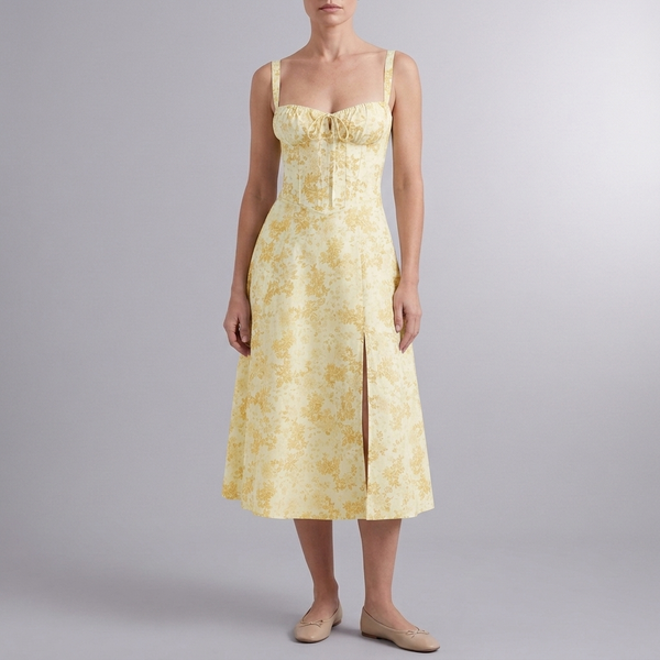 Women's Summer Dress | Midi Floral Corset Waist Yellow front view