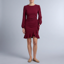 Women's Cocktail Dress | Mini Ruffle Hem Balloon Sleeve Wine Red front view