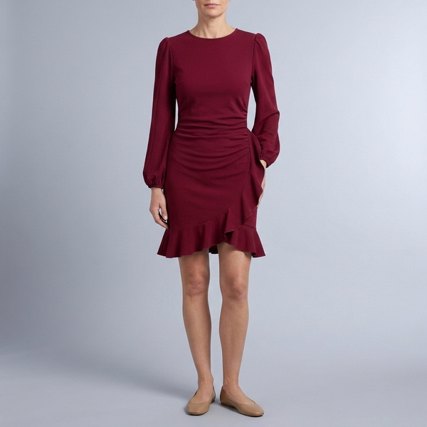 Women's Cocktail Dress | Mini Ruffle Hem Balloon Sleeve Wine Red front view