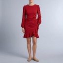 Women's Cocktail Dress | Mini Ruffle Hem Balloon Sleeve Red front view