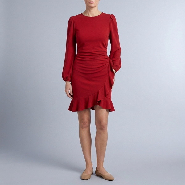 Women's Cocktail Dress | Mini Ruffle Hem Balloon Sleeve Red front view