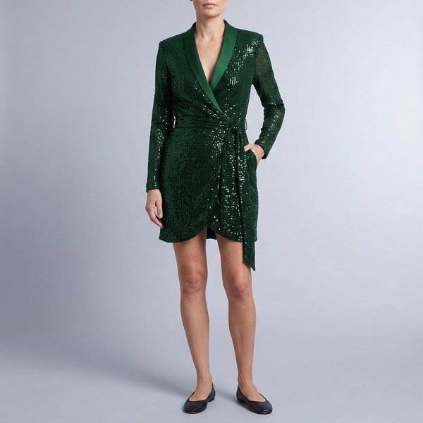 Women's Cocktail Dress | Midi Sequin Wrap V-Neck Long Sleeve Green front view