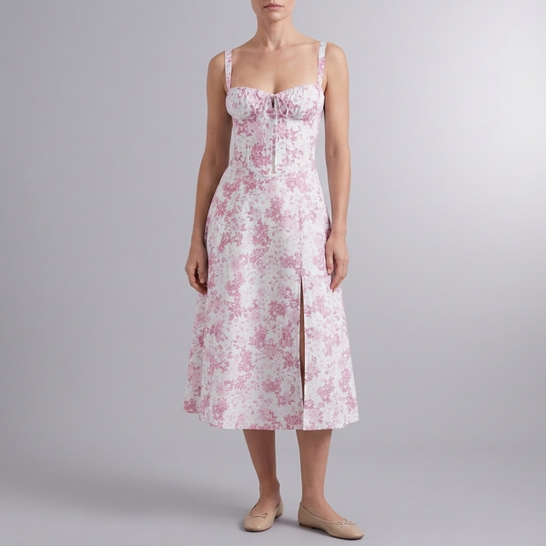 Women's Summer Dress | Midi Floral Corset Waist Pink front view