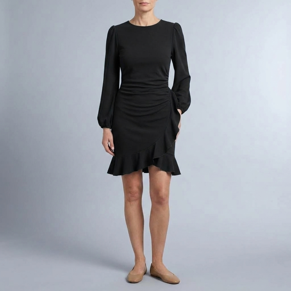 Women's Cocktail Dress | Mini Ruffle Hem Balloon Sleeve Blue front view