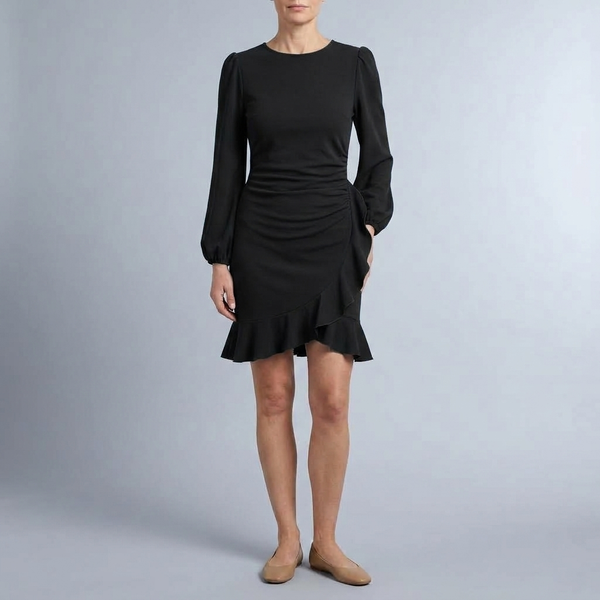 Women's Cocktail Dress | Mini Ruffle Hem Balloon Sleeve Black front view
