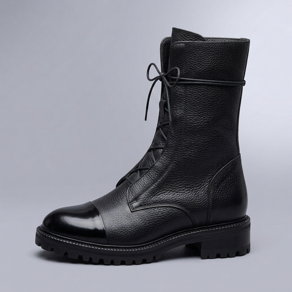 Boots For Women | Leather Lace-Up Ankle Round Toe Black side profile