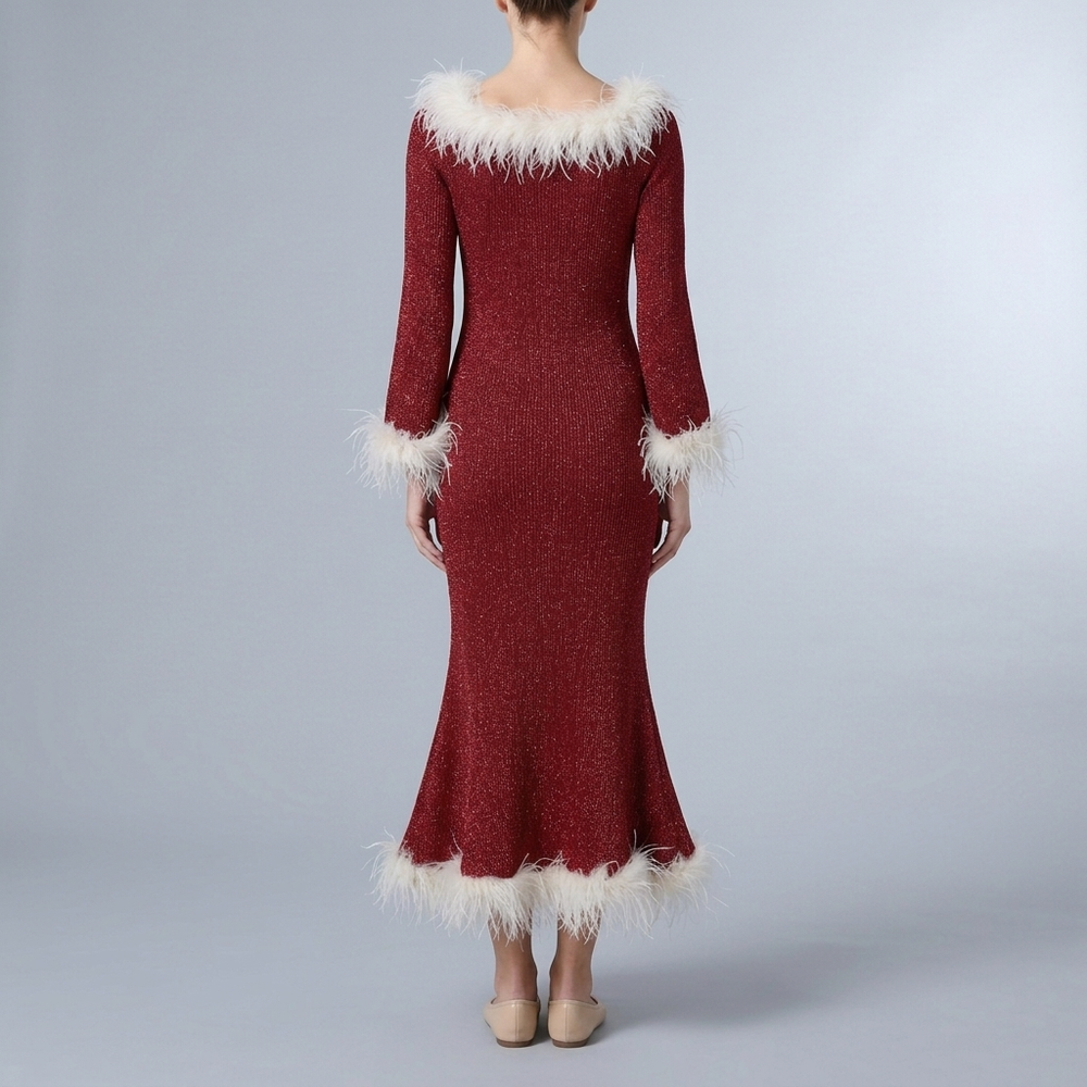 Women's Wedding Guest Dress | Maxi Feather Trim Sparkle Knit Long Sleeve Red White front view