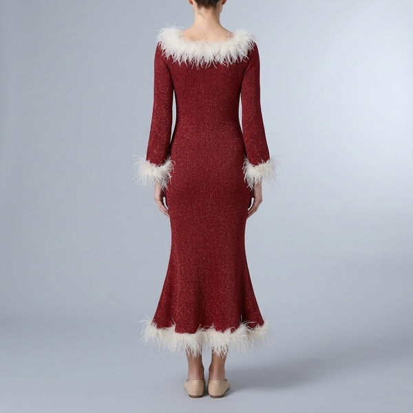 Women's Wedding Guest Dress | Maxi Feather Trim Sparkle Knit Long Sleeve Red White back view