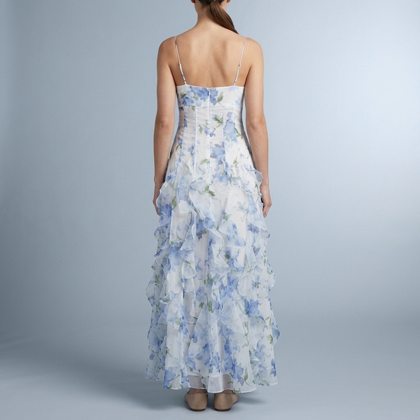 Women's Dress | Maxi White Floral Ruffle Spaghetti Strap Blue/White back view