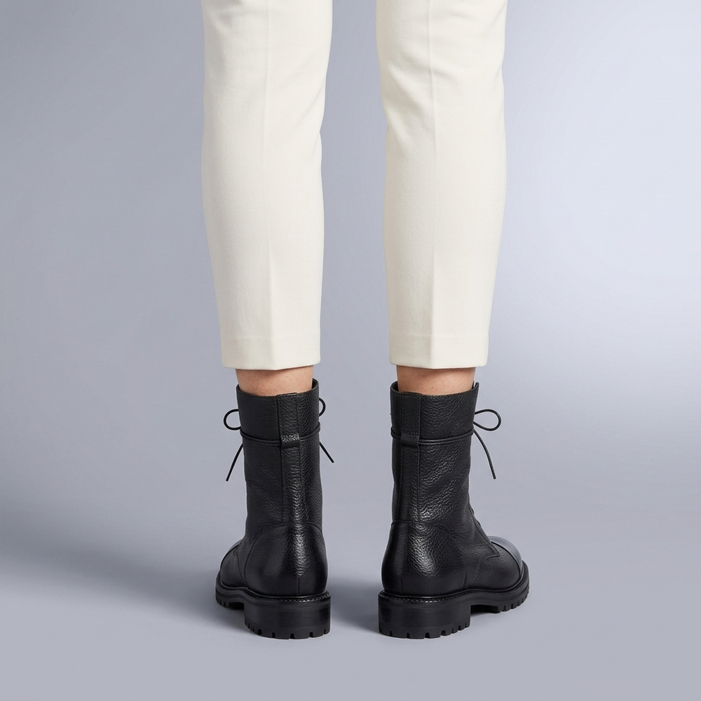 Boots For Women | Leather Lace-Up Ankle Round Toe Black three-quarter front view