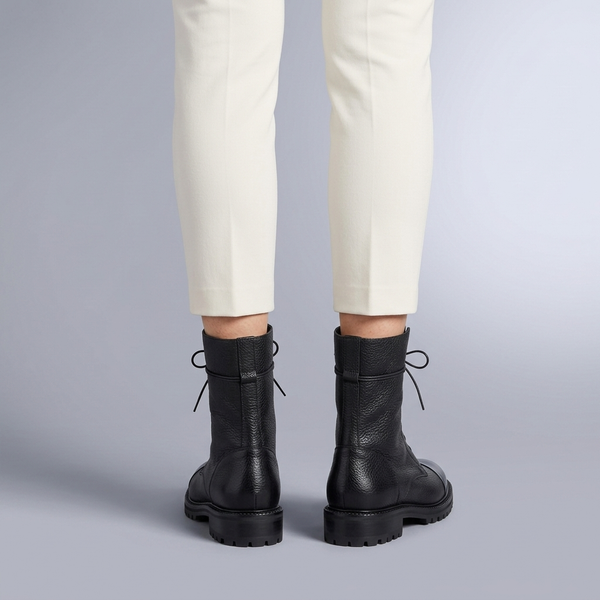 Boots For Women | Leather Lace-Up Ankle Round Toe Black worn back view