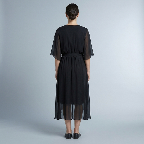 Women's Wrap Dress | Midi V-Neck Belted Black back view