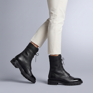 Boots For Women | Leather Lace-Up Ankle Round Toe Black worn side view sole