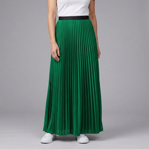 Women's Maxi Skirt | Pleated Elasticated Waist Full Length Green front view