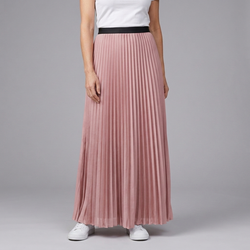 Women's Maxi Skirt | Pleated Elasticated Waist Full Length Black front view