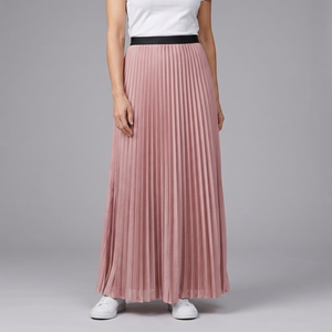 Women's Maxi Skirt | Pleated Elasticated Waist Full Length Pink front view