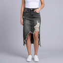Women's Denim Skirt | Maxi Distressed Asymmetric Hem Dark Grey front view