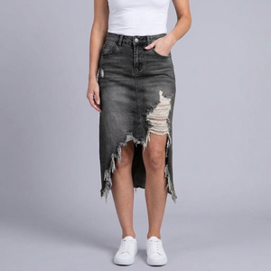 Women's Denim Skirt | Maxi Distressed Asymmetric Hem Dark Grey front view