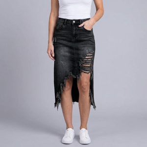 Women's Denim Skirt | Maxi Distressed Asymmetric Hem Black front view