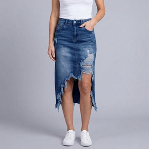 Women's Denim Skirt | Maxi Distressed Asymmetric Hem Sail Blue front view