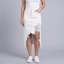 Women's Denim Skirt | Maxi Distressed Asymmetric Hem White front view
