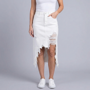 Women's Denim Skirt | Maxi Distressed Asymmetric Hem White front view